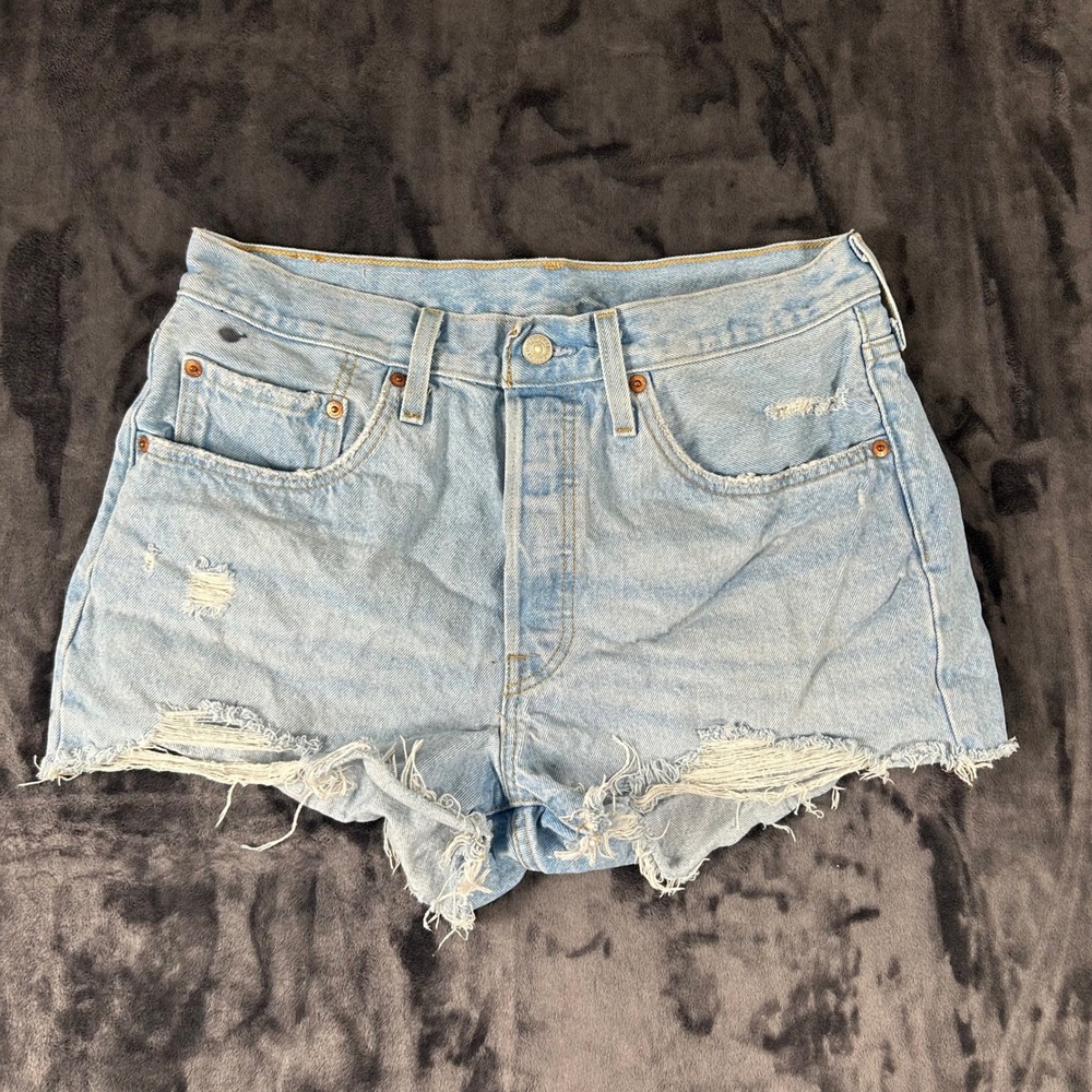Levi 501 Original Shorts Womens 30 Light Blue Distressed Denim Cut Offs